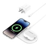Belkin BoostCharge Pro 2-in-1 Wireless Charging Pad with Magnetic Qi2 15W, Fast Charging iPhone Wireless Charger Compatible with iPhone 15 Series, AirPods, MagSafe Enabled Devices - White