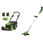 Greenworks Cordless Lawnmower 2x24(48V) 46cm Incl. 2 Battery 4Ah and Charger, GD24X2LM46SPK4x & Greenworks Cordless String Trimmer Deluxe 24V 30cm