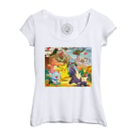 T-Shirt Femme Col Echancré Pokemon A La Montagne Volcan Anime Jeux Vidéo