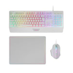 MARSGAMING MCP124, Combo de Jeu 3 en 1, Clavier Ergonomique H-Mech LED RVB, Souris RVB 3200 DPI HUANO, Tapis de Souris nanotextile 360 ​​x 260 mm, compatibilité multiplateforme, Portugaise, Blanc