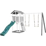 Beach Tower Aire de Jeux avec Toboggan en vert, 2 Balançoires & Bac à Sable Grande Maison Enfant extérieur en Gris & blanc Cabane de Jeu en Bois fsc