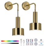 Lightsjoy 2PCS Rechargeable Wall Lights Battery Operated Indoor Wall Sconces RGB Dimmable 18 Colors Battery Powered Wall Lights with Remote Control Hanging Wall Lights for Bedroom, Living Room, Gold