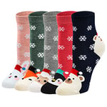 LOFIR Chaussettes de Noël Femmes Fantaisie Chaussettes Bonhomme de Neige, Socquettes Motif à Animaux pour Fille, taille 35-41, 5 paires