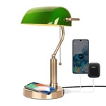 FIRVRE Green Glass Bankers Lamp, E27 Desk Reading Lamp, Classic Retro LED Table Lamp with Wireless Charging USB Port, Vintage Brass Pull Chain Switch Nightstand Bedside Light for Home Office Bedroom