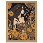 Artery8 Woman in Flower Field Midsummer Night Illustration Artwork Framed A3 Wall Art Print