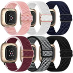 HUYIIO 6-Packs Elastic Nylon Straps Compatible with Fitbit Versa 3 / Fitbit Sense, Adjustable Nylon Replacement Bands Wristband for Fitbit Versa Smart Watch for Women and Men