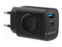 Gembird - Strömadapter - Med Trådlös Laddning - 22 Watt - Pd, Quick Charge 3.0 - 2 Utdatakontakter (Usb, 24 Pin Usb-C) - Svart