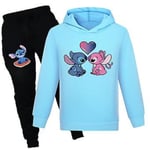 7-14 år Barn Pojkar Flickor Lilo & Stitch Cartoon Tryck Outfits Casual Hoodie Sweatshirt Toppar Jogger Byxor Tracksuit Set Kläder (9-10 År Blå)