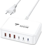 Chargeur Usb C 100W Charge Rapide 6Port Prise Usb C Multiple Gan Pd+Qc 3.1A Adaptateur Secteur Usbc Chargeur Pour Iphone 15 16 Pro Max Plus 14 13 12 11 Macbook Pro/Air Ipad, Samsung S24 S23 S22 Table