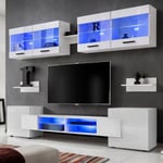 Meuble TV Foggia Komodee - LED Bleues - Blanc Brillant et Blanc - Facades en Brillant - 230 x 195 x 35 cm