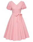 Belle Poque Robe de soirée vintage années 1950 en dentelle à manches courtes avec ceinture et poches pour femme, rose, M