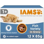 IAMS Delights Complete Wet Cat Food for Adult 1+ Cats Fish Variety in Gravy Multipack 12 x 85 g Pouches