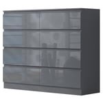 Grey Gloss Front Chest of Drawers 8 Drawer No Handle Design Sideboard Matt Frame