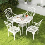 5 Pcs Salon de Jardin Table Ronde avec Trou de Parasol de 5 cm 4 Chaises en Fonte aluminium Style Vintage Blanc