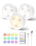 EZVALO Lampe LED Rechargeable, LED Cuisine Sous Meuble, Spot Led Sans Fil avec Telecommande 14 Couleur RGB Dimmable, Lumiere Armoire pour Escalier Vitrines (3 Pièce-1200 mAh)