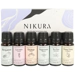 Nikura Best Sellers Essential Oil Gift Set - 6 x 10ml | Essential Oils for Diffusers for Home, Aromatherapy, Sleep, Cleaning, Skin, Spiders | Lavender, Sweet Orange, Peppermint, Tea Tree & Ylang Ylang