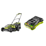 Ryobi RY18LM37A-140 18V ONE+ Cordless 37cm Lawnmower Starter Kit (1 x 4.0Ah) Amazon Exclusive & RC18150 18V ONE+ Cordless 5.0A Battery Charger
