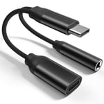 Adaptateur USB C Jack 3.5mm （Noir） avec Charge Rapide PD 60W et Audio Haute Résolution, 2 en 1 USB C Jack vers AUX, pour iPhone 15/Pro/Max/Samsung Galaxy S24/S23/S22/S21/Huawei P40/Pixel 7/6