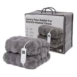 LIVIVO Faux Rabbit Fur Heated Throw - Electric Blanket in Grey, 160x130cm, 10 Heat Settings with Auto Shut Off, Overheat Protection, Soft & Cosy Plush, Machine Washable Winter Blanket