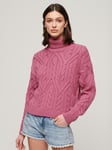 Superdry Twist Cable Knit Polo Jumper, Papaya Pink Twist