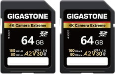 64 Go Lot de 2 Carte SD, 4K Camera Extreme, Vitesse jusqu'à 160/80 Mo/s, A2 V30 U3 SDXC 4K Ultra HD UHD Video pour DSLR Canon, Nikon, Sony, Pentax, Kodak, Panasonic, avec 2 Mini étuis