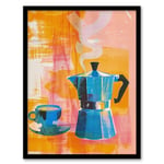 Artery8 Coffee Pot and Espresso Cup Pink Orange Fun Bright For Kitchen Artwork Framed Wall Art Print 18X24 Inch