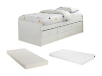 Lit gigogne TITOUAN avec 3 tiroirs - 90 x 190 cm - MDF et Pin - Blanc + Matelas