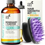 Artnaturals Organic Rosemary Castor Hair Oil + Scalp Massager Hair Growth Set Hair Growth Oil 118ml ounces with Coconut & Olive Oil for Dry, Damaged & Split End