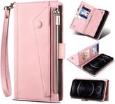 Compatible Avec Etui Samsung A52s 5g, Pu Cuir Portefeuille Coque Avec Carte Fentes, Flip Antichoc Zip Porte Magnetique Support, Dragonne+Verre Trempe*2-Or Rose