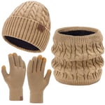 Homme Hiver Bonnets Gants Tactiles Echarpe Ensemble Cable Knit Slouchy Chapeau avec Doublure en Polaire, Khaki