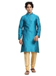 SKAVIJ Kurta Pajama Set for Men Jacquard Silk Indian Wear Dress Turquoise S