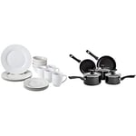 Amazon Basics Service de table 16 pièces pour 4 personnes + Amazon Basics Ensemble de batterie de cuisine 5 éléments anti-adhésifs avec couvercles, pour plaques à induction