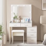 Grande coiffeuse avec miroir led et tabouret, plateau en verre, 5 tiroirs, coiffeuse extensible, blanc - Clipop