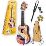 Ortega Guitars Ukulélé Soprano coloré - modèle gaucher - Keiki K2 - Kit de démarrage incluant Accordeur, Courroie, 5 Médiators Medium et Sac à cordon - peace '68 (K2-68-L)