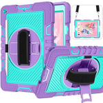 Commute Case for Samsung Tab A8 (2021) x200/x205, Shockproof Case with Screen Protector 360° Rotating Hand Strap & Stand Carrying Strap(Purple + Mint Green)