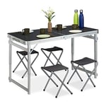 relaxdays Table Camping, Pliable, 4 chaises, réglable en Hauteur, 120x60 cm,alu, MDF,Gris/Argent Adulte Unisexe, 1 élément