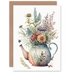 Wildflower Floral Bouquet in China Pattern Teapot Flowers Nature Birthday Sealed Greetings Card