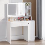 Yoleo - Coiffeuse avec Miroir led à Luminosité Réglable,Dressing Table Moderne en Bois,Tiroir,3 Compartiments,90x40x138.5cm - Blanc