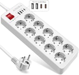 10 Prises Multiprise Parafoudre Jusqu'À 1700 Joules, Multiprise Electrique Usb C,4 Usb Chargeur Rallonge Multiprise Électriques Avec Interrupteur Protection Enfant Murale Multipris[MUL210194]