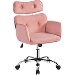 Yaheetech Chaise Bureau en Velours Fauteuil de Bureau avec Repose-tête à roulettes Design Capitonné Ajustable Chaise d'ordinateur Réglable en Hauteur Rose