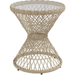 Table basse ronde de jardin en résine aspect rotin métal et plateau verre trempé ø 45 x 52H cm beige - Beige