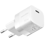 deleyCON Chargeur USB C (Chargeur Rapide Compact 30W) Alimentation USB-C pour Apple iPhone 16, 15, Pro, Pro Max, iPad, AirPods 4, Airpods Max, Watch, Samsung Galaxy S24/S23, Téléphone Portable - Blanc