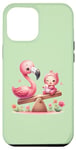 Coque pour iPhone 15 Pro Max Flamant rose mignon et bébé sur une balançoire sur un vert