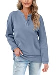 Aokosor Womens Sweatshirt Ladies Long Sleeve Tops with Button Jumpers Plain Jumpers Blue Size 10-12