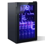 HCK 98L Cyberpunk Mini Beer Fridge with Glass Door, Beverage Refrigerators 0-10°C, Led Light, Drinks Fridge for Home Bar, Small Pub Fridge with Removable Shelves, for Bedrooms, Parties