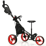 Costway Chariot De Golf Pliable 3 Roues-4 Hauteurs Réglables-Siège Hydraulique-Porte-Parapluie Réglable-Porte-Boisson-Sac-Rouge