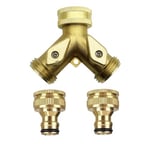 2 Way Brass Tap Connector, Garden Hose Splitter 2 Way Y Valve Brass Hose Connector Garden Tap with 2Pcs 3/4" Garden Hose Tap Connector