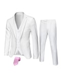 Hihawk Men's 3 Piece Suit with Stretch Fabric, Solid Slim Fit One Button Suit Blazer Set, Jacket Vest Pants with Tie., Pure White, M