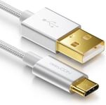 2m Câble USB-C Câble de Charge Câble de Données Nylon + Fiche Métallique USB C vers USB A Compatible avec Apple Samsung Google Huawei Xiaomi Tablet Laptop PC Argent