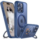 Miracase Coque de Protection pour iPhone 15 Pro - Design pour téléphone Portable MagSafe - Mat - avec Rotation à 360° intégrée - Support magnétique - Translucide - Bleu